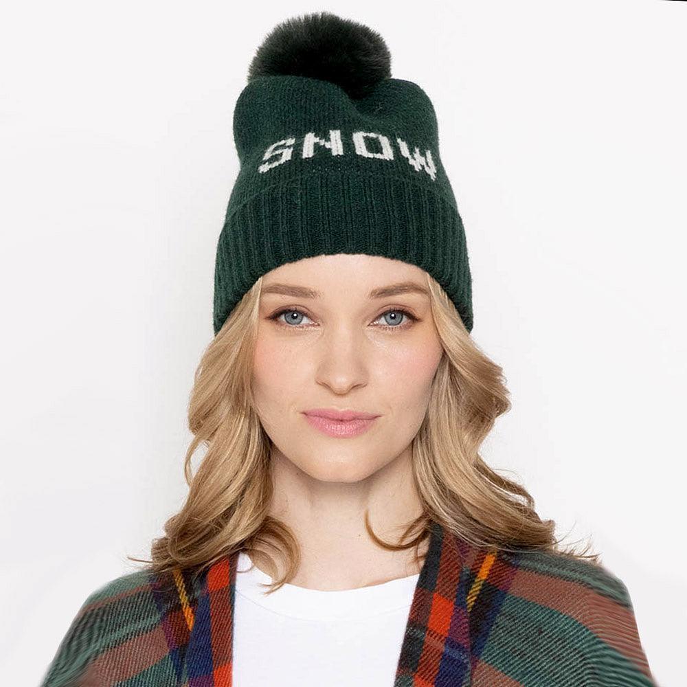 Snow Message Faux Fur Pom Pom Cable Knit Beanie Hat - Jewelry Store by Erik Rayo