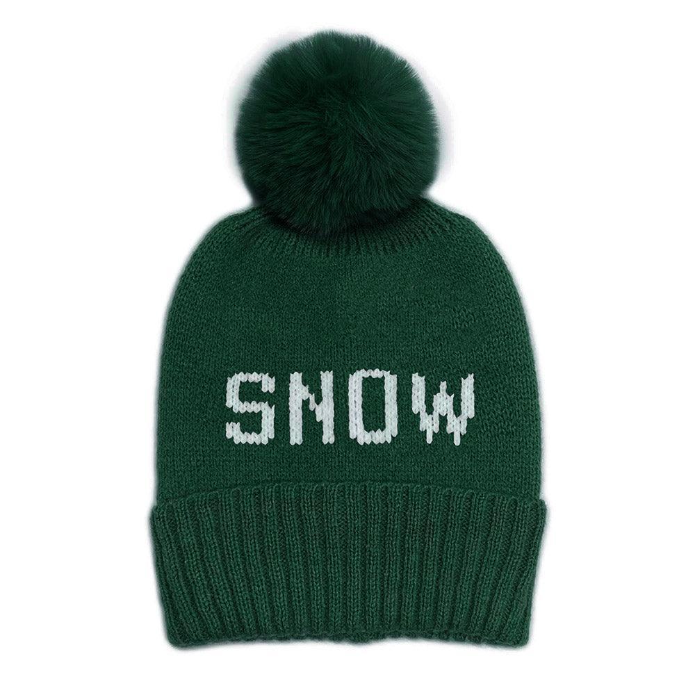Snow Message Faux Fur Pom Pom Cable Knit Beanie Hat - Jewelry Store by Erik Rayo
