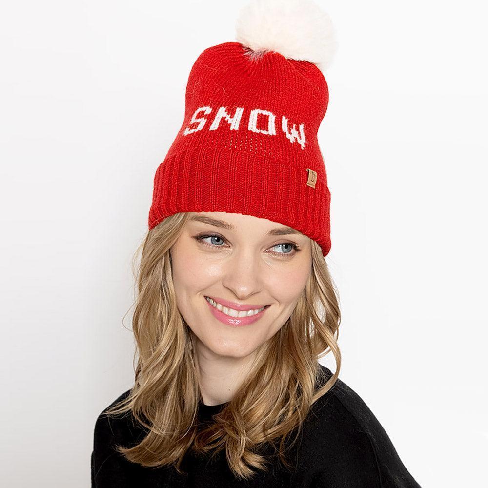 Snow Message Faux Fur Pom Pom Cable Knit Beanie Hat - Jewelry Store by Erik Rayo