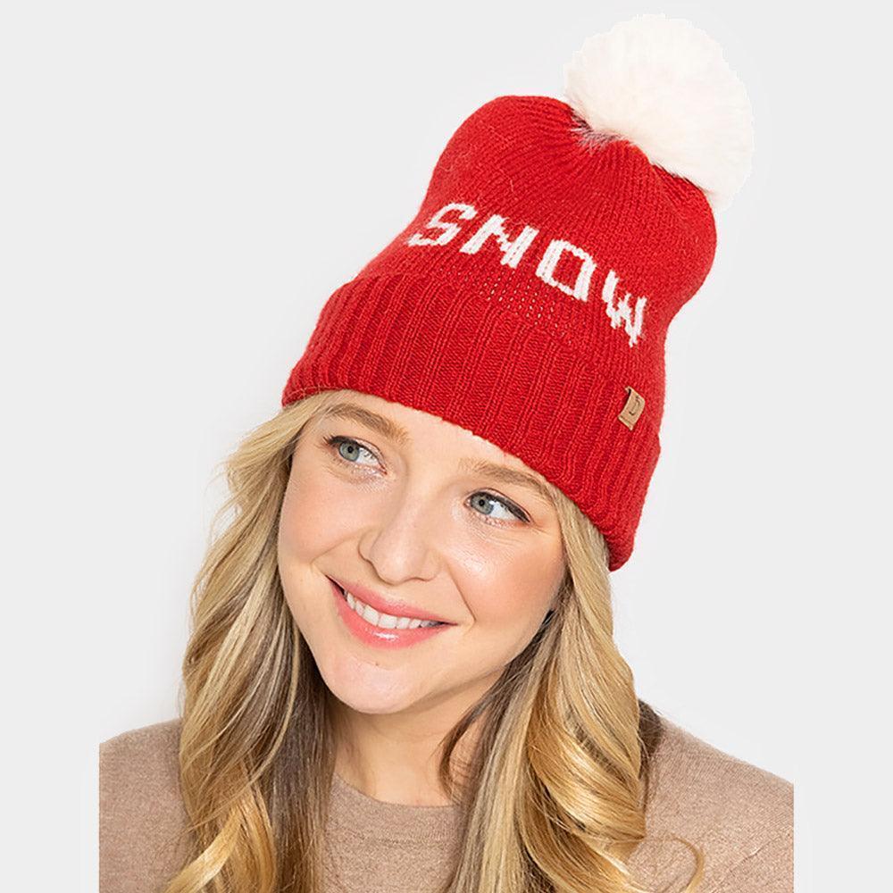 Snow Message Faux Fur Pom Pom Cable Knit Beanie Hat - Jewelry Store by Erik Rayo