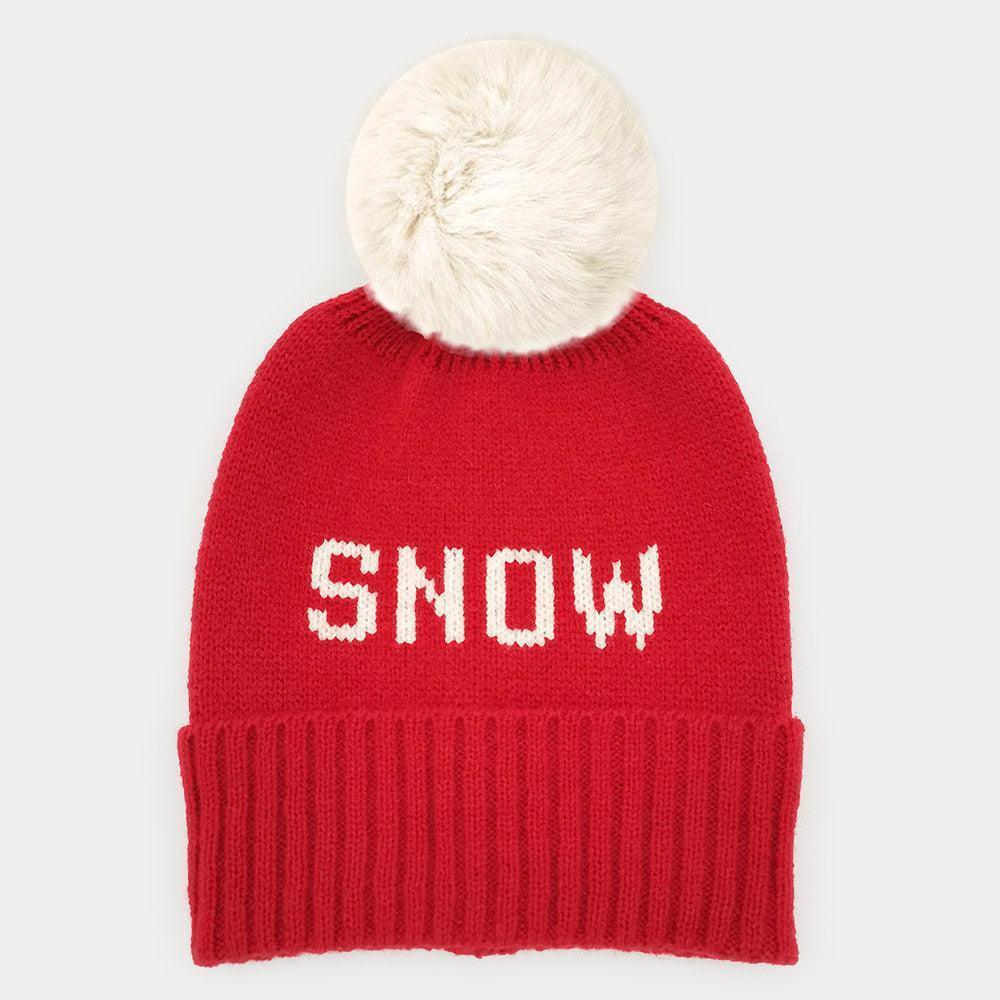 Snow Message Faux Fur Pom Pom Cable Knit Beanie Hat - Jewelry Store by Erik Rayo