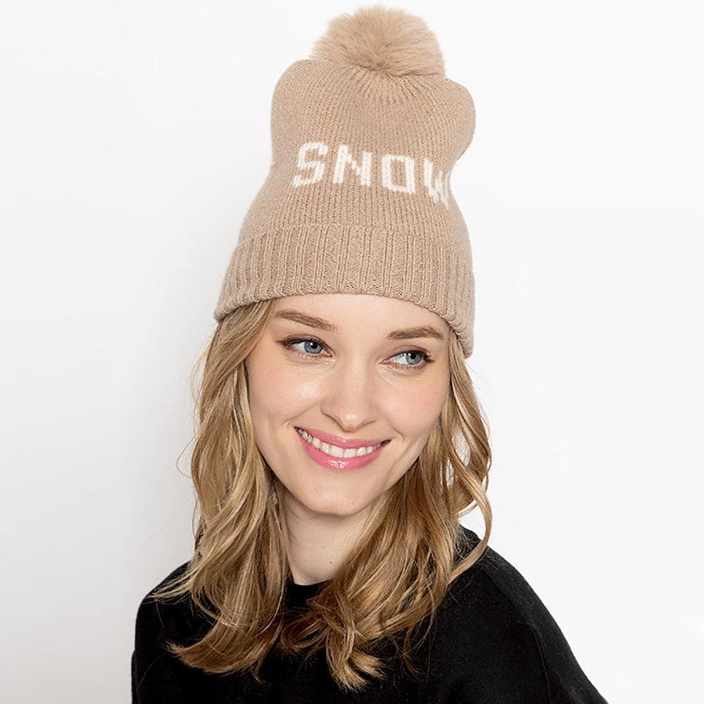 Snow Message Faux Fur Pom Pom Cable Knit Beanie Hat - Jewelry Store by Erik Rayo