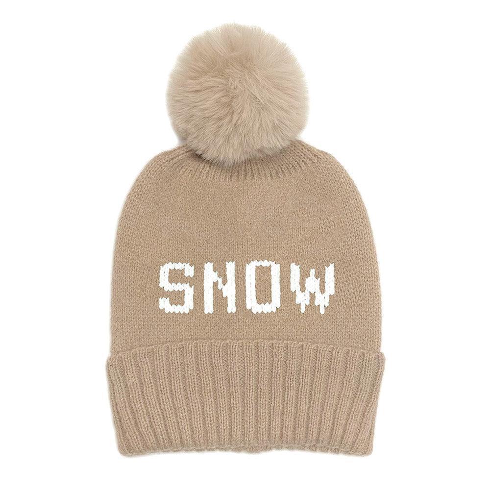 Snow Message Faux Fur Pom Pom Cable Knit Beanie Hat - Jewelry Store by Erik Rayo