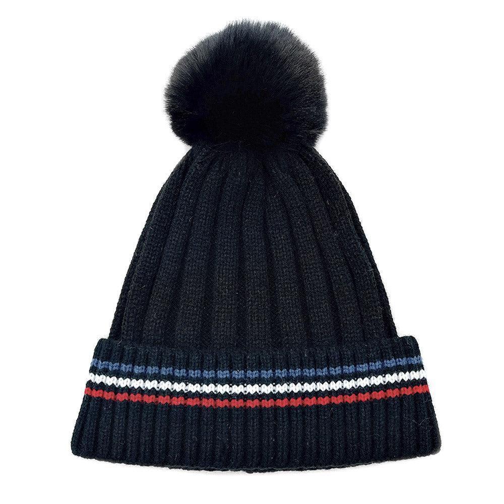 Stripe Pointed Faux Fur Pom Pom Knit Beanie Hat - Jewelry Store by Erik Rayo