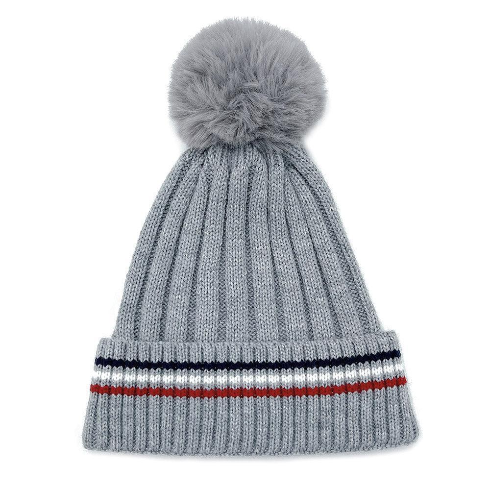Stripe Pointed Faux Fur Pom Pom Knit Beanie Hat - Jewelry Store by Erik Rayo