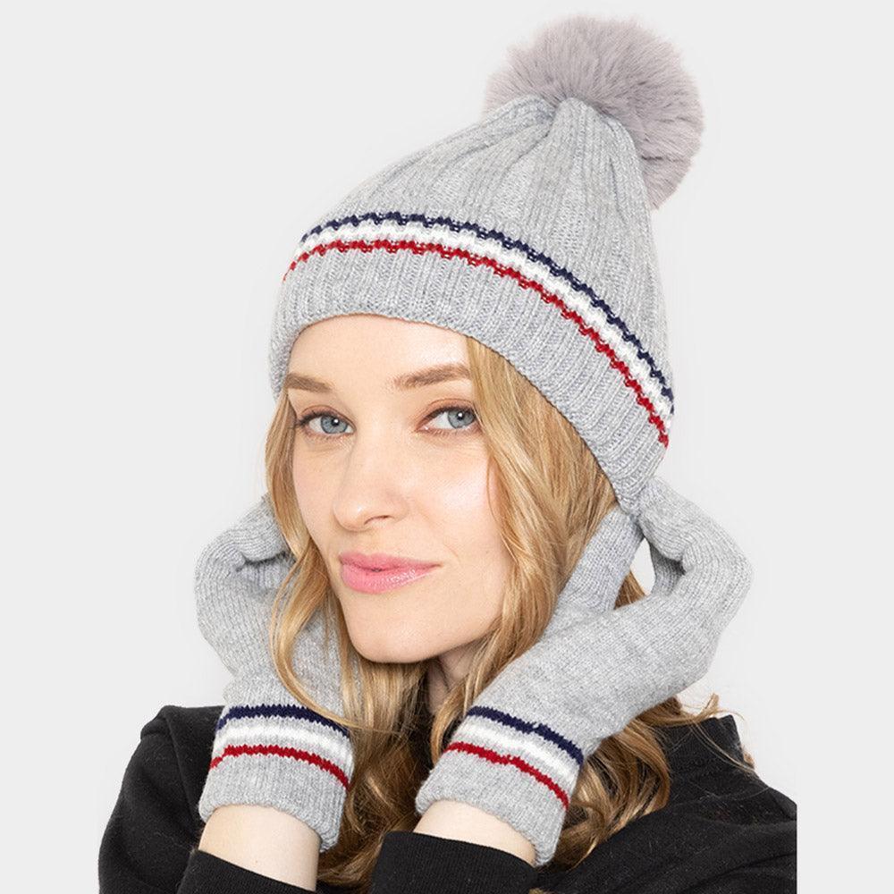 Stripe Pointed Faux Fur Pom Pom Knit Beanie Hat - Jewelry Store by Erik Rayo