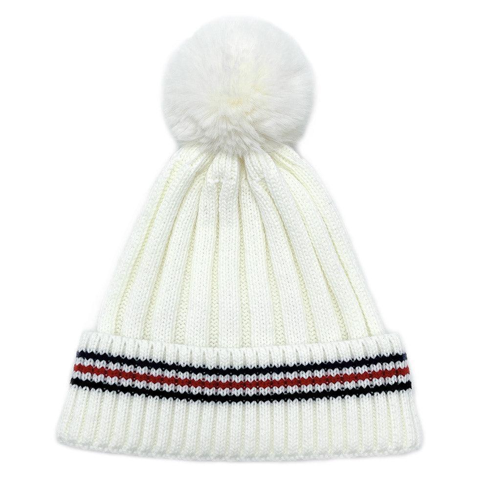 Stripe Pointed Faux Fur Pom Pom Knit Beanie Hat - Jewelry Store by Erik Rayo