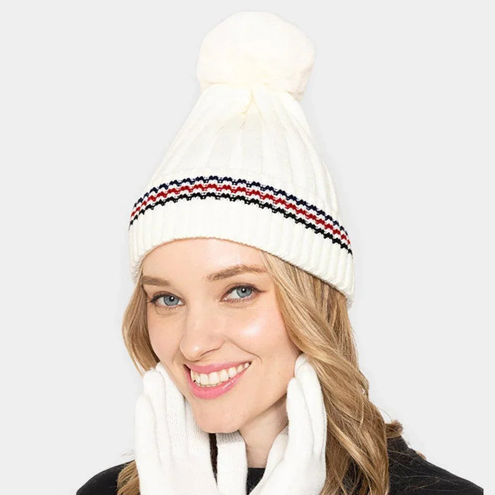 Stripe Pointed Faux Fur Pom Pom Knit Beanie Hat - Jewelry Store by Erik Rayo
