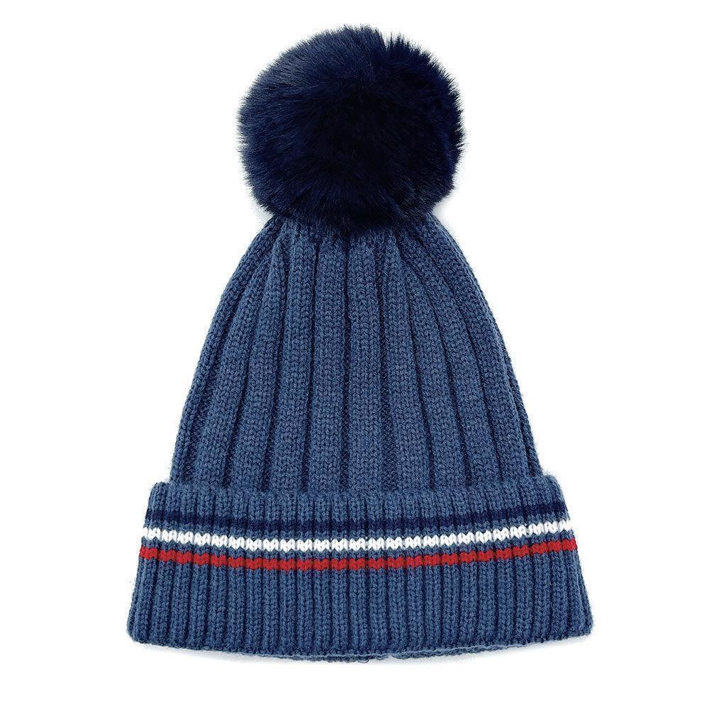 Stripe Pointed Faux Fur Pom Pom Knit Beanie Hat - Jewelry Store by Erik Rayo