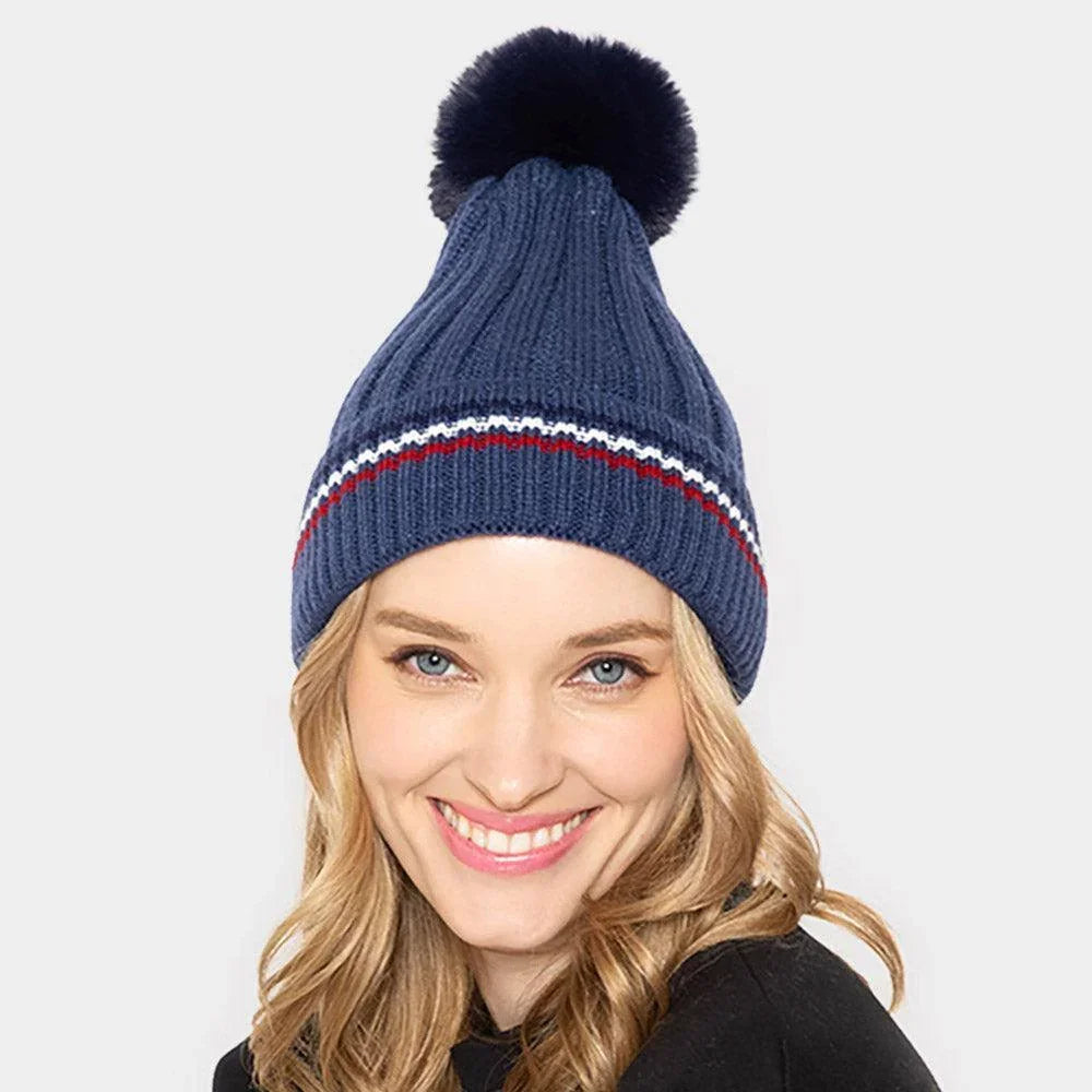 Stripe Pointed Faux Fur Pom Pom Knit Beanie Hat - Jewelry Store by Erik Rayo