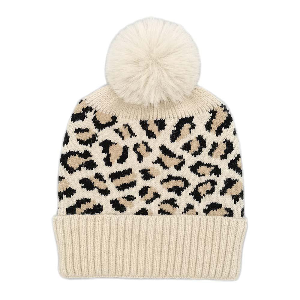 Leopard Patterned Faux Fur Pom Pom Ribbed Beanie Hat - Jewelry Store by Erik Rayo