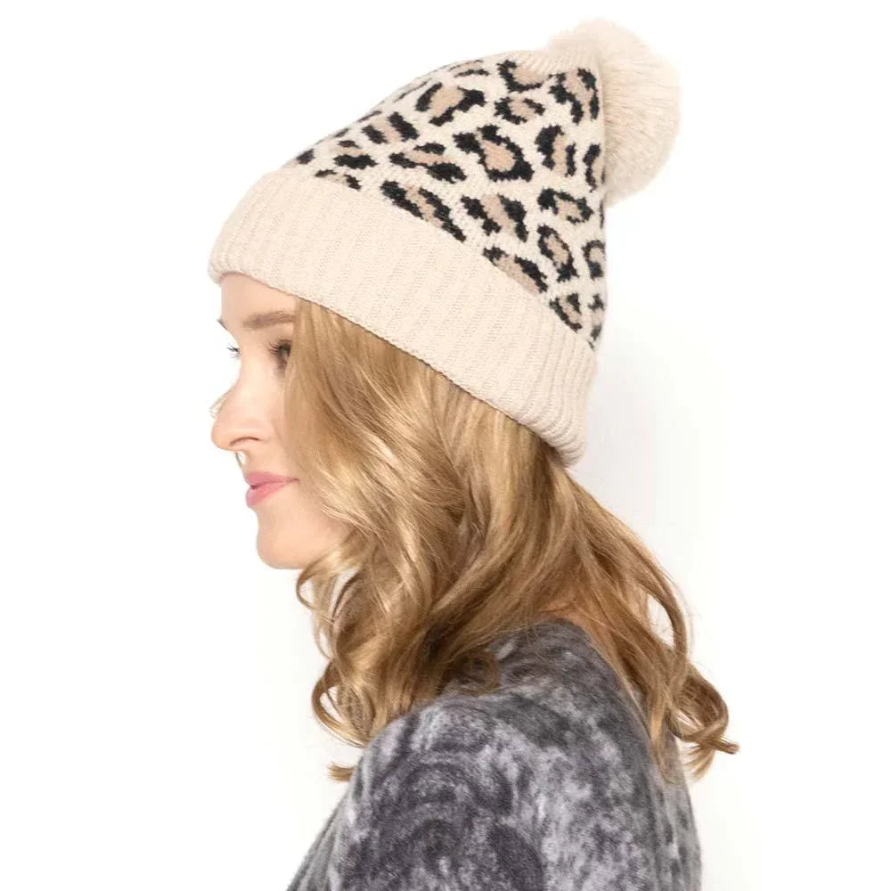 Leopard Patterned Faux Fur Pom Pom Ribbed Beanie Hat - Jewelry Store by Erik Rayo