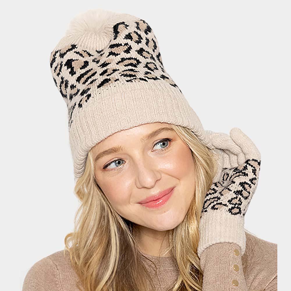 Leopard Patterned Faux Fur Pom Pom Ribbed Beanie Hat - Jewelry Store by Erik Rayo
