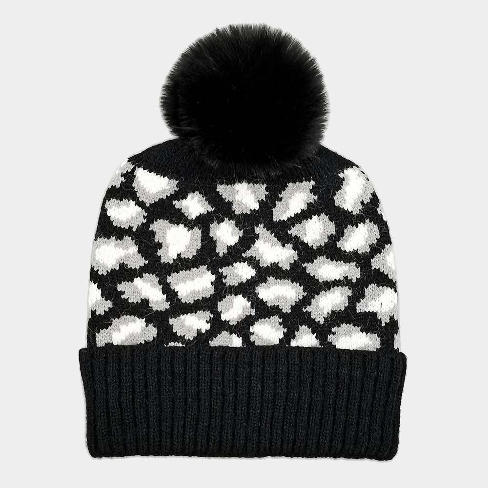Leopard Patterned Faux Fur Pom Pom Ribbed Beanie Hat - Jewelry Store by Erik Rayo