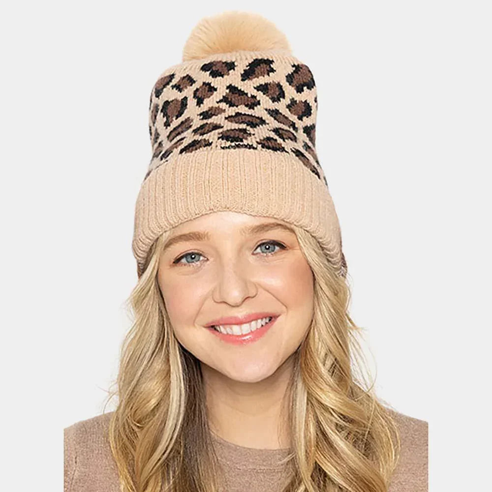 Leopard Patterned Faux Fur Pom Pom Ribbed Beanie Hat - Jewelry Store by Erik Rayo