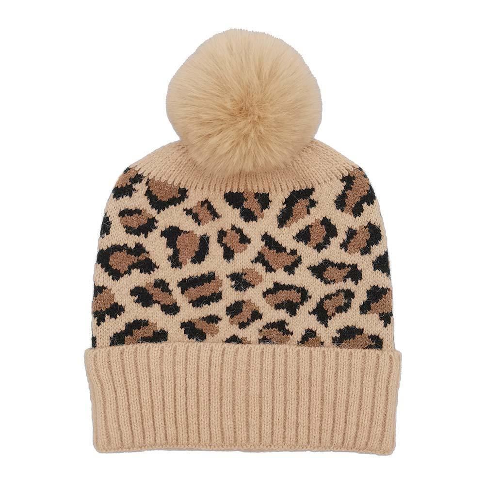 Leopard Patterned Faux Fur Pom Pom Ribbed Beanie Hat - Jewelry Store by Erik Rayo