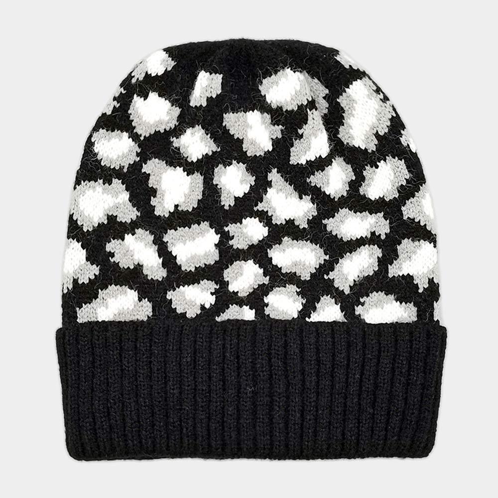 Leopard Patterned Ribbed Knit Cuff Beanie Hat - Jewelry Store by Erik Rayo