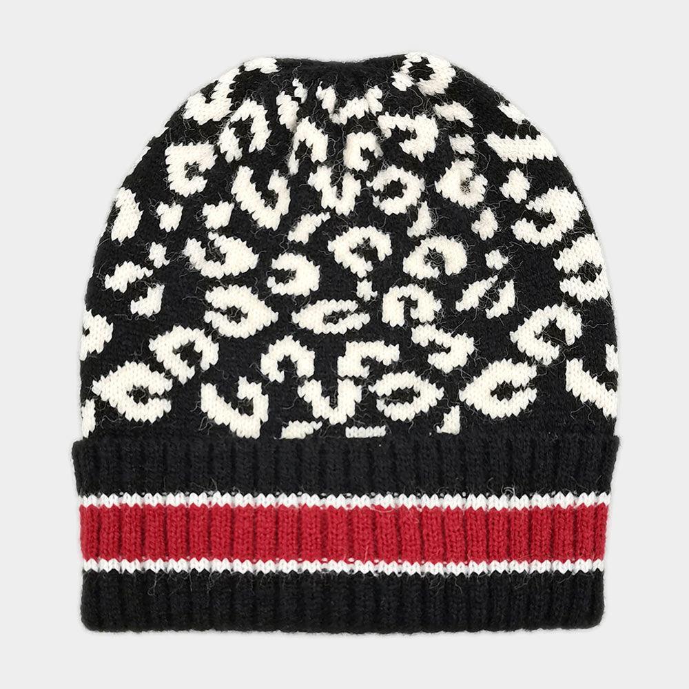 Leopard Patterned Striped Cuff Knit Beanie Hat - Jewelry Store by Erik Rayo