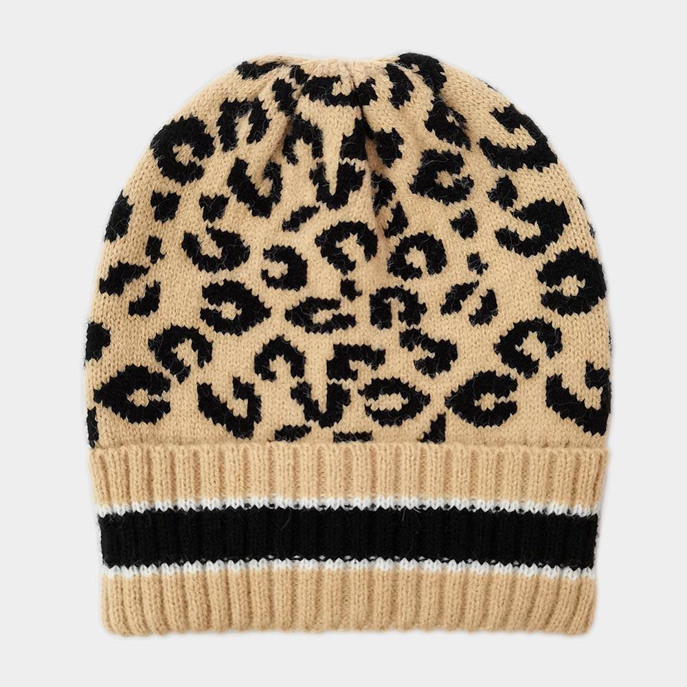Leopard Patterned Striped Cuff Knit Beanie Hat - Jewelry Store by Erik Rayo