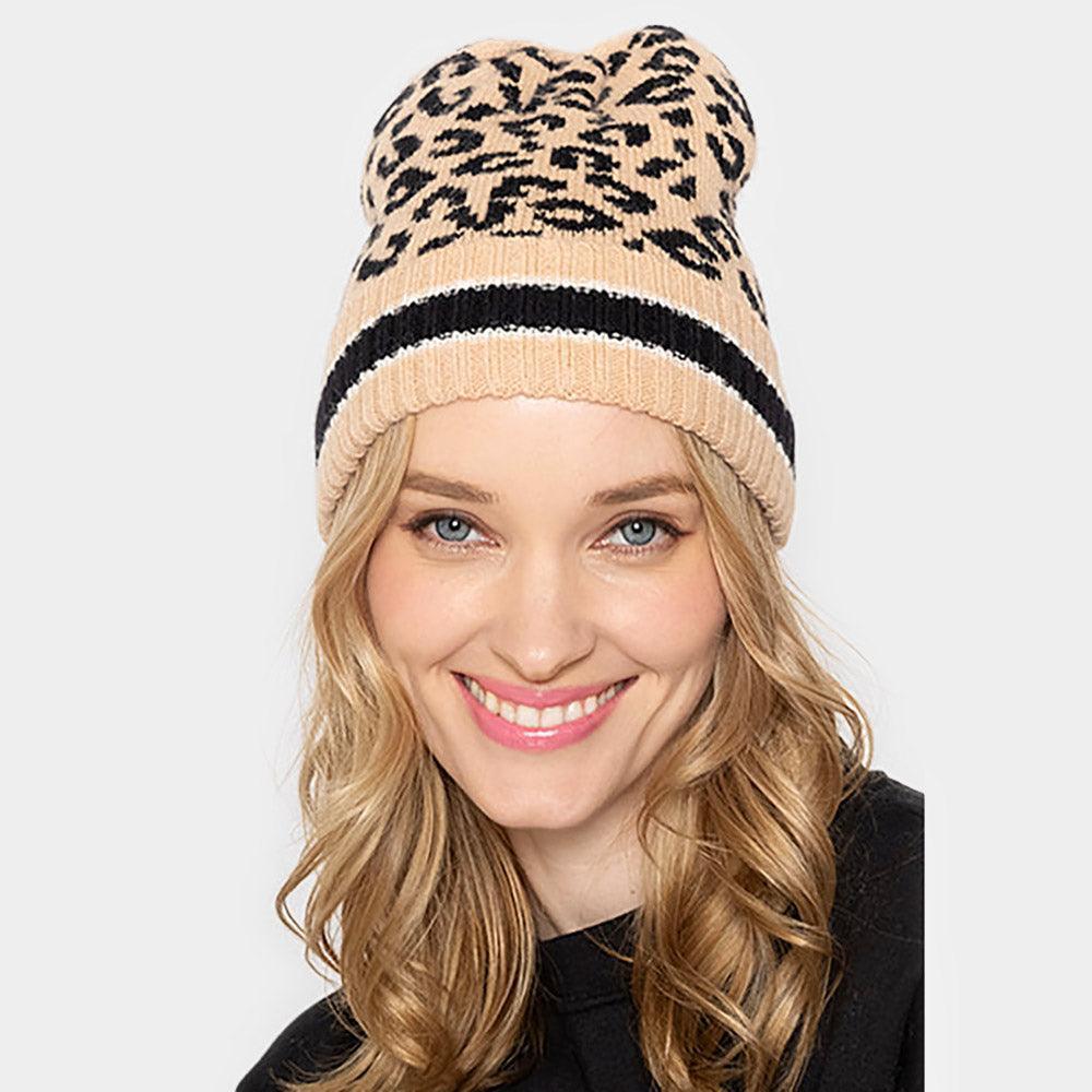 Leopard Patterned Striped Cuff Knit Beanie Hat - Jewelry Store by Erik Rayo