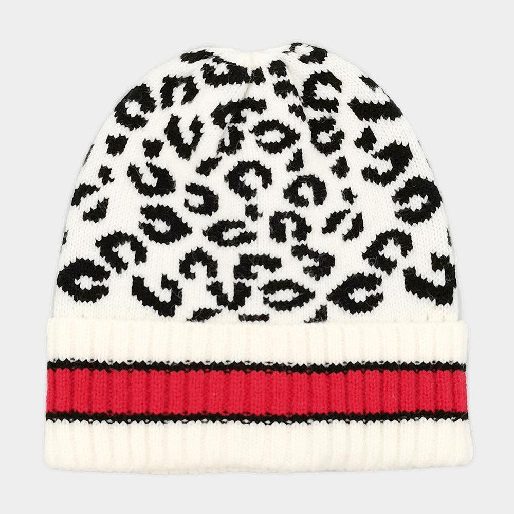 Leopard Patterned Striped Cuff Knit Beanie Hat - Jewelry Store by Erik Rayo