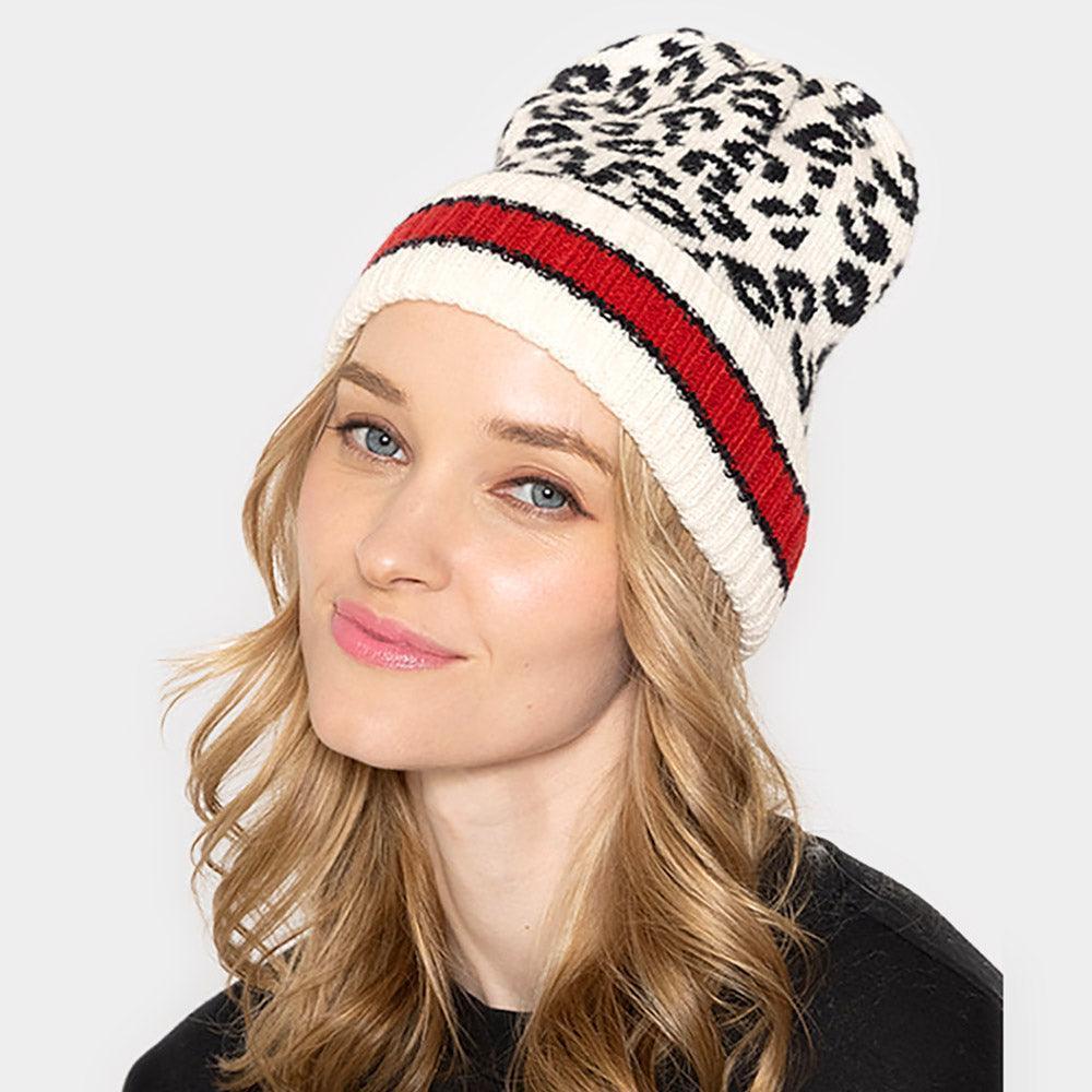 Leopard Patterned Striped Cuff Knit Beanie Hat - Jewelry Store by Erik Rayo