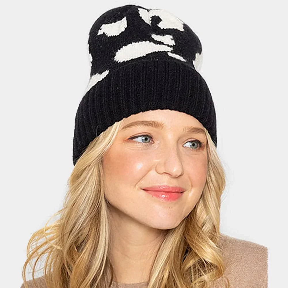 Cow Patterned Ribbed Knit Cuff Beanie Hat - Jewelry Store by Erik Rayo