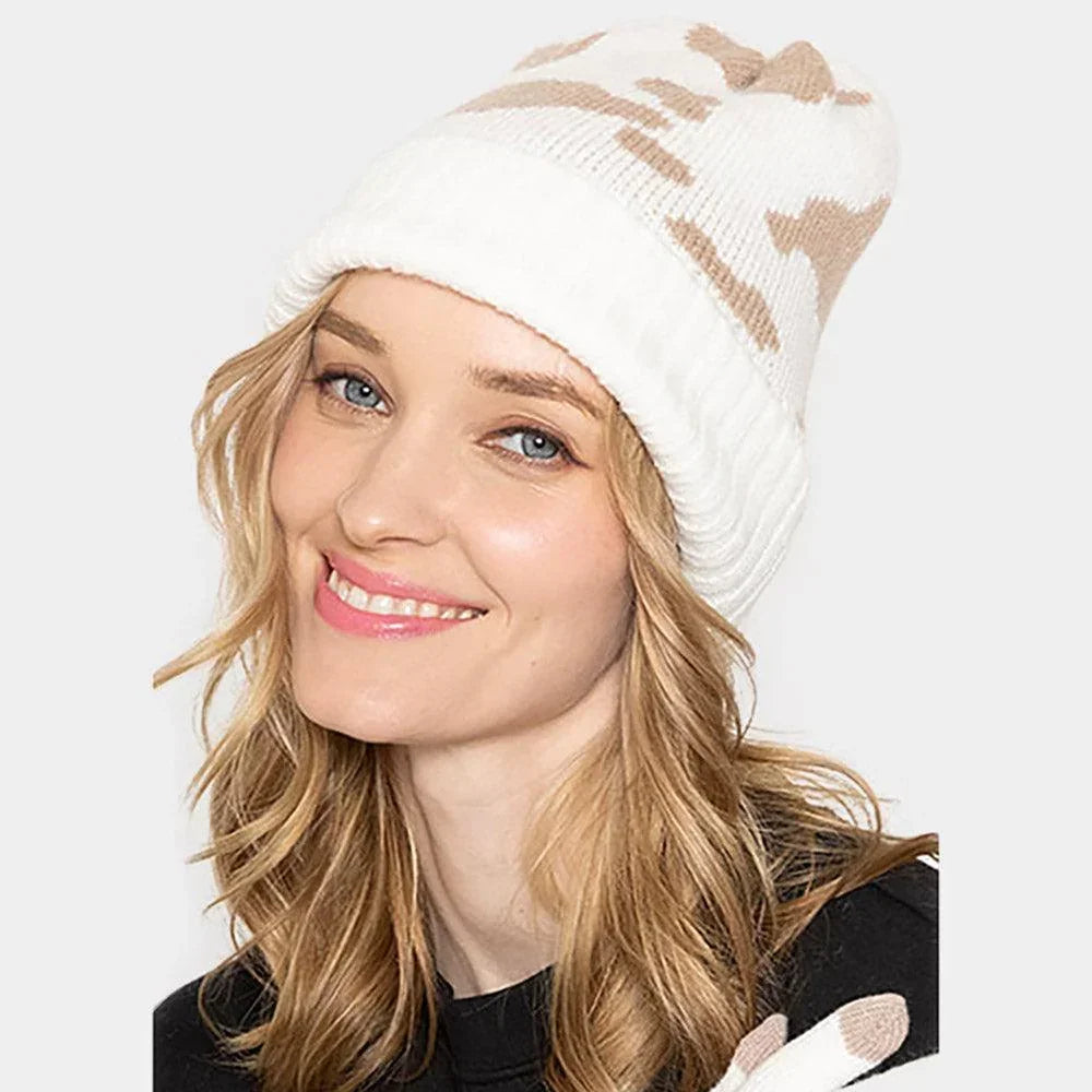 Cow Patterned Ribbed Knit Cuff Beanie Hat - Jewelry Store by Erik Rayo