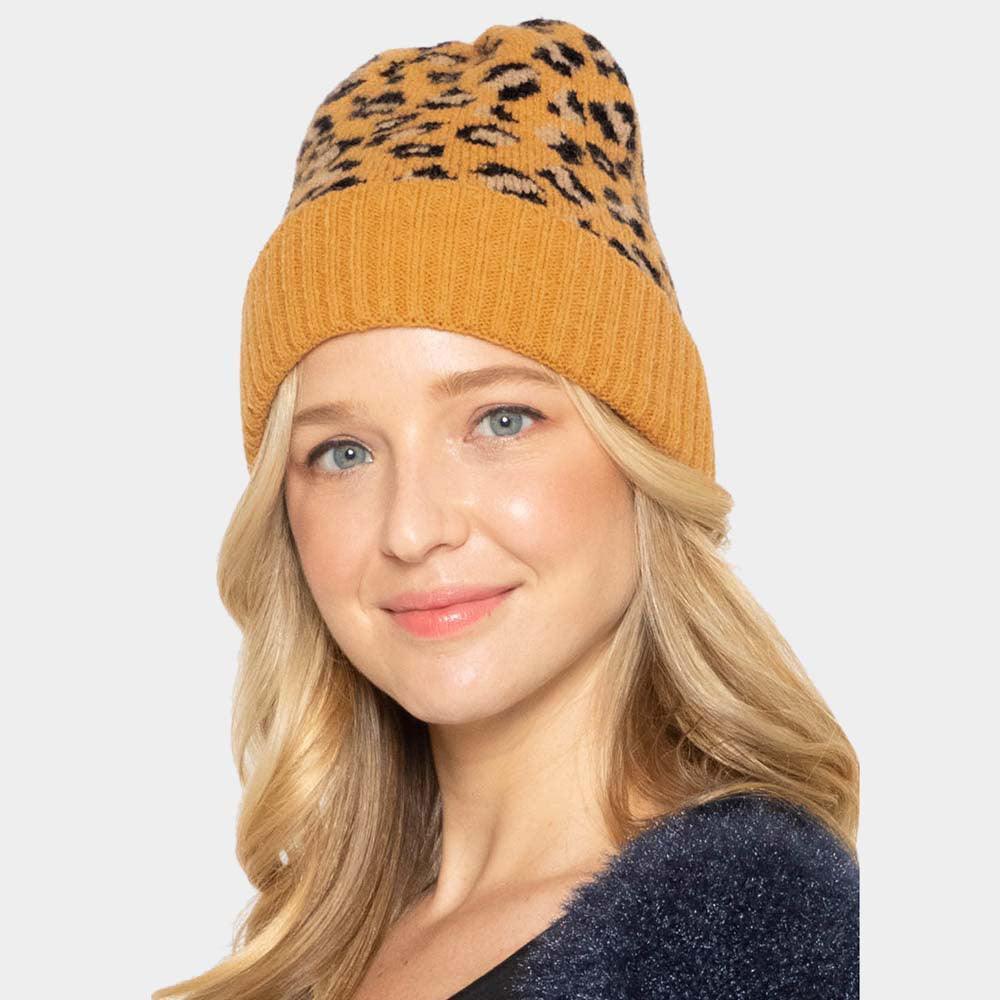 Leopard Patterned Ribbed Cuff Beanie Hat - Jewelry Store by Erik Rayo