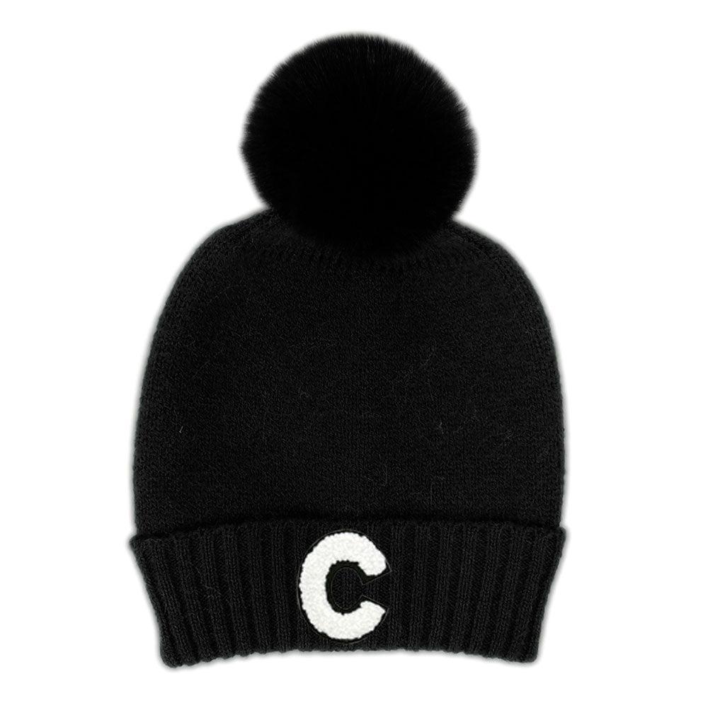C Monogram Faux Fur Pom Pom Knit Beanie Hat - Jewelry Store by Erik Rayo