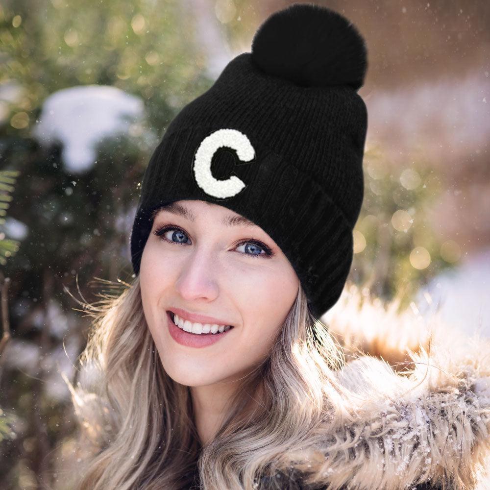 C Monogram Faux Fur Pom Pom Knit Beanie Hat - Jewelry Store by Erik Rayo