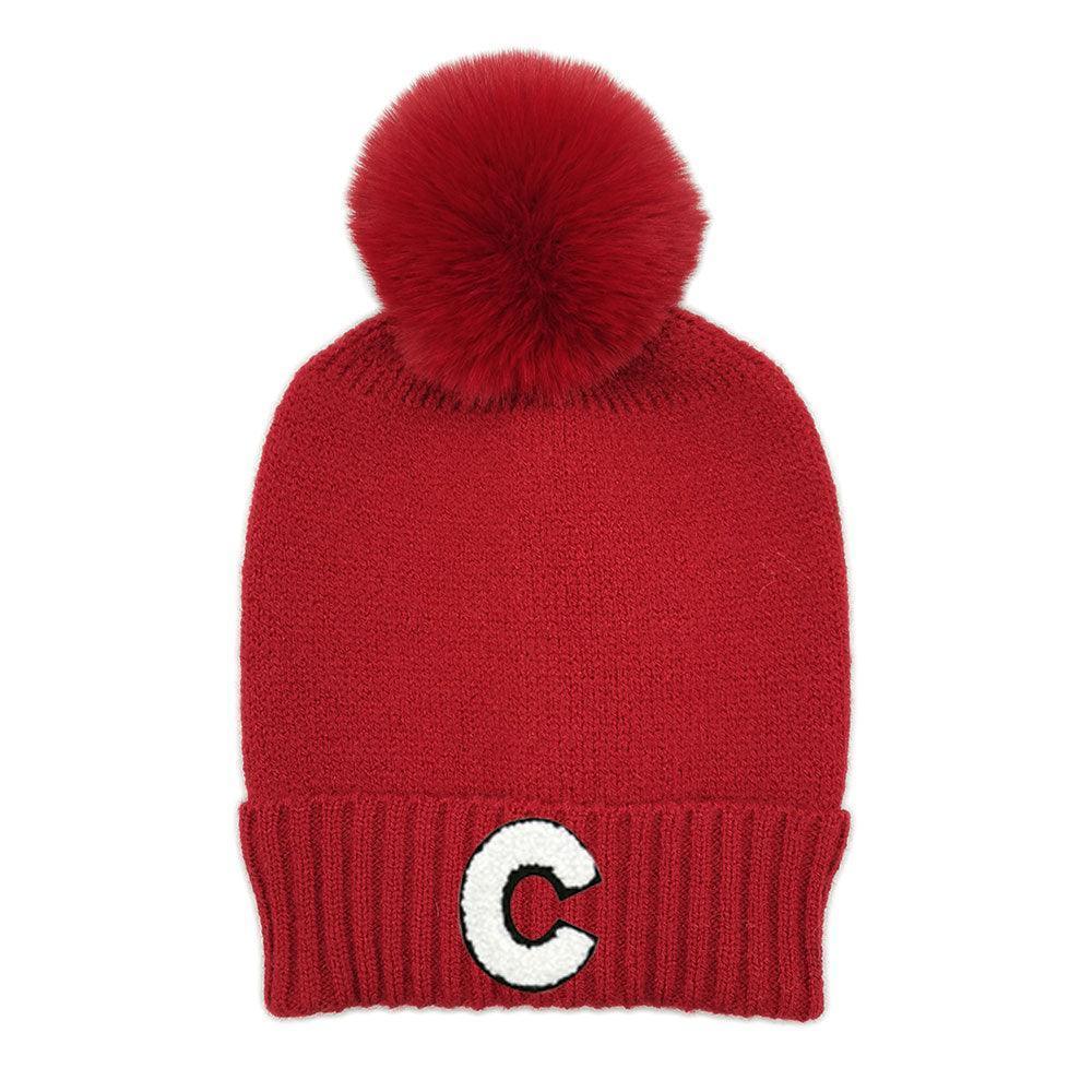 C Monogram Faux Fur Pom Pom Knit Beanie Hat - Jewelry Store by Erik Rayo