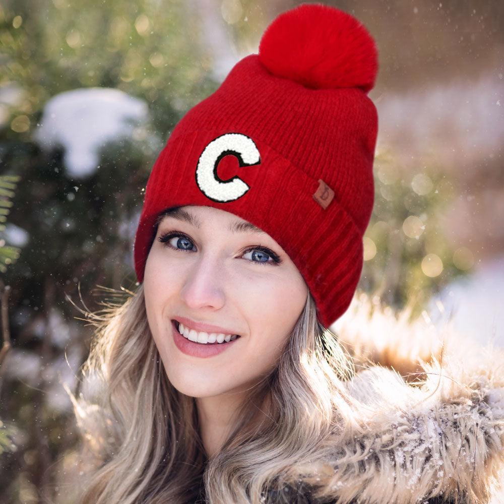C Monogram Faux Fur Pom Pom Knit Beanie Hat - Jewelry Store by Erik Rayo