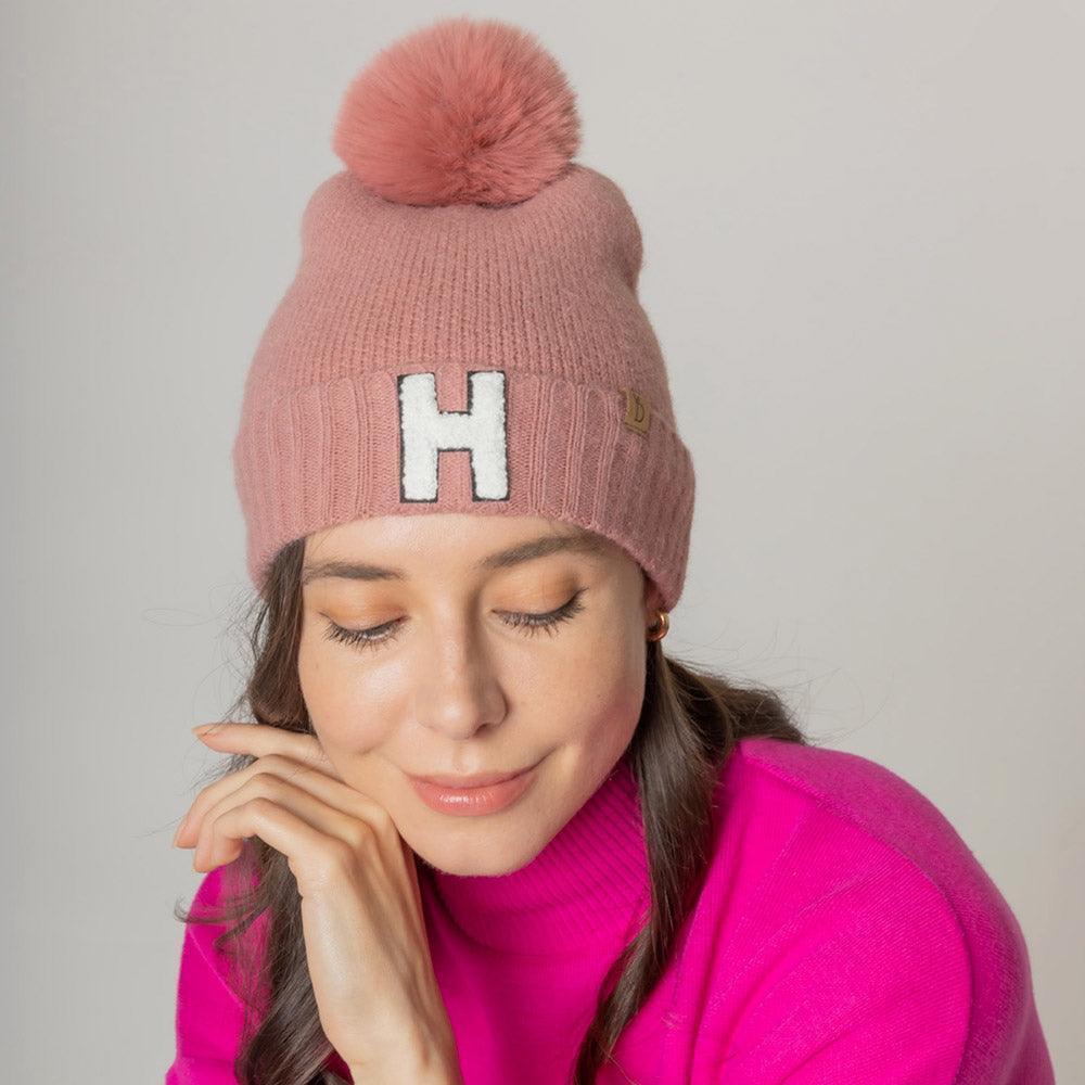 C Monogram Faux Fur Pom Pom Knit Beanie Hat - Jewelry Store by Erik Rayo