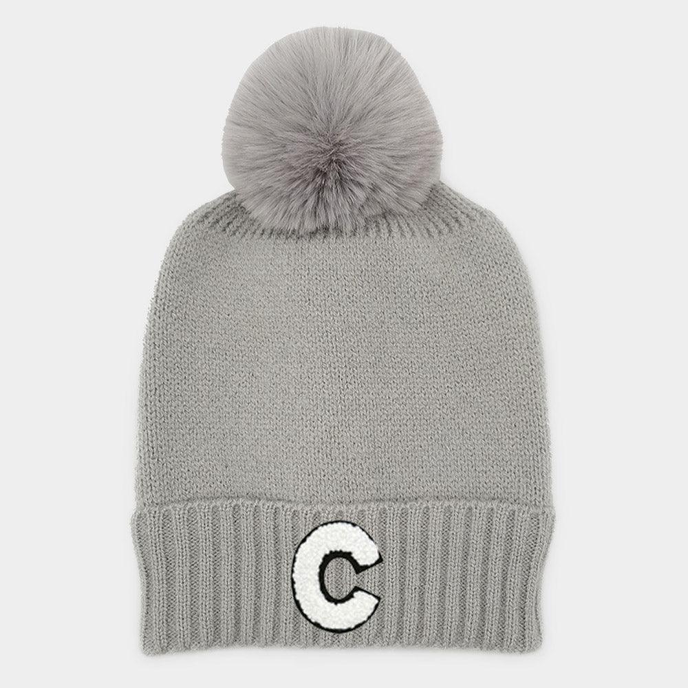 C Monogram Faux Fur Pom Pom Knit Beanie Hat - Jewelry Store by Erik Rayo