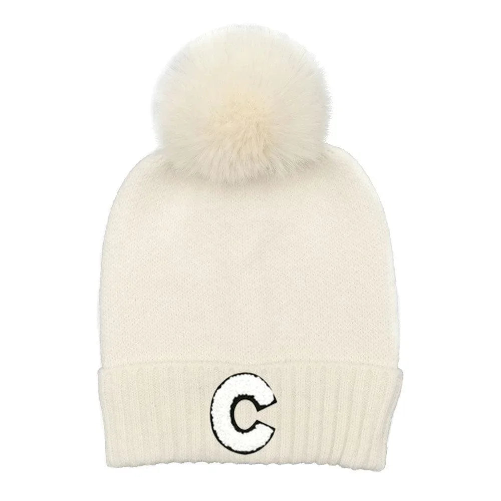 C Monogram Faux Fur Pom Pom Knit Beanie Hat - Jewelry Store by Erik Rayo
