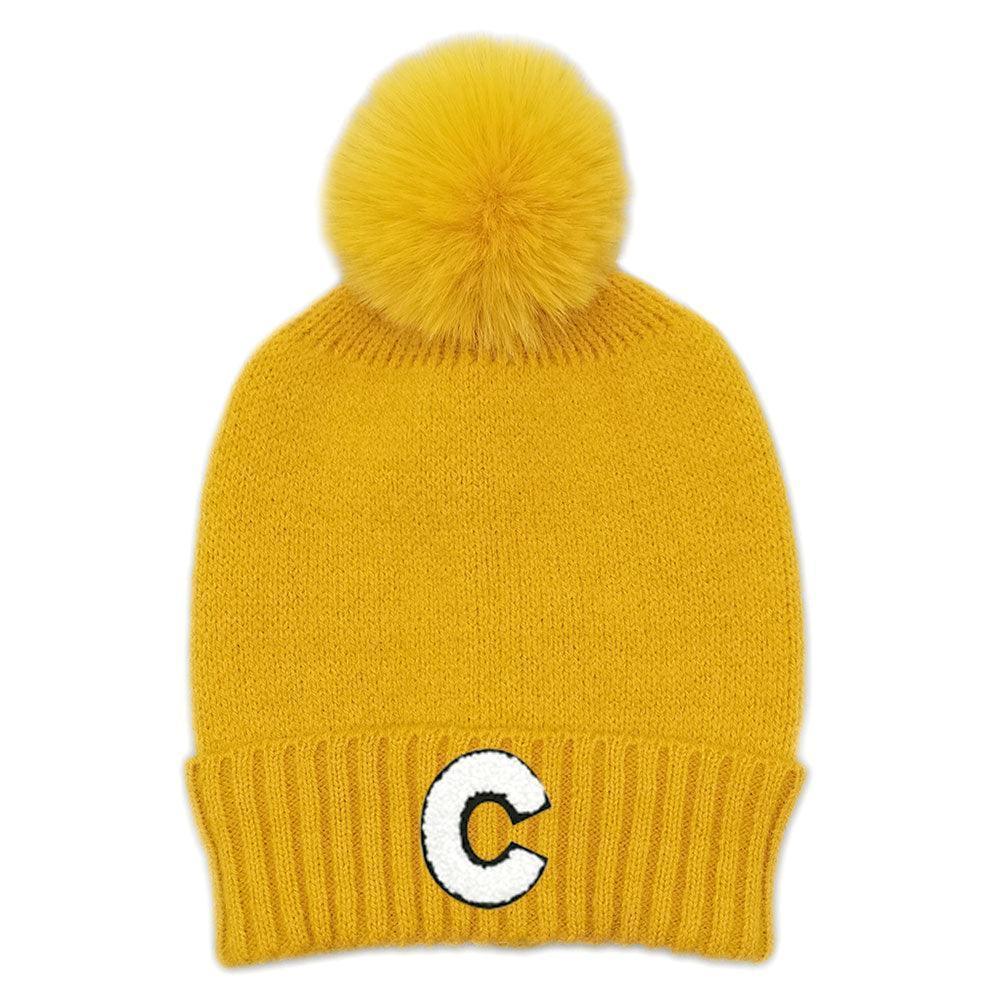C Monogram Faux Fur Pom Pom Knit Beanie Hat - Jewelry Store by Erik Rayo