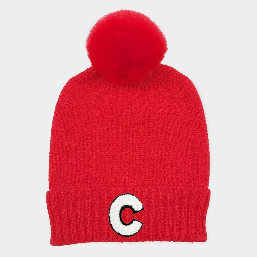 C Monogram Faux Fur Pom Pom Knit Beanie Hat - Jewelry Store by Erik Rayo