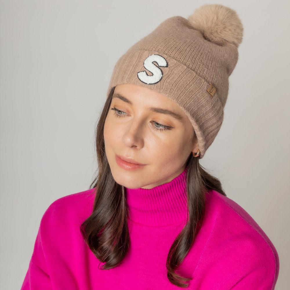 C Monogram Faux Fur Pom Pom Knit Beanie Hat - Jewelry Store by Erik Rayo
