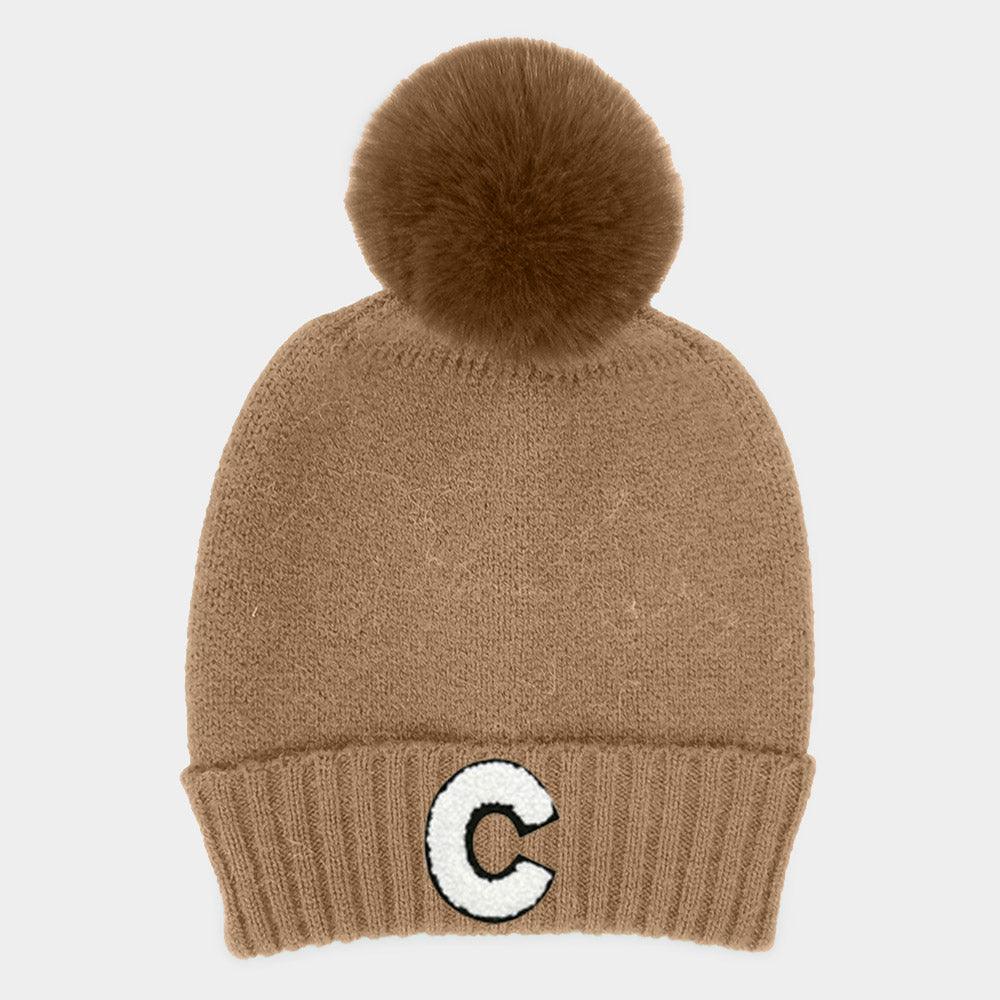 C Monogram Faux Fur Pom Pom Knit Beanie Hat