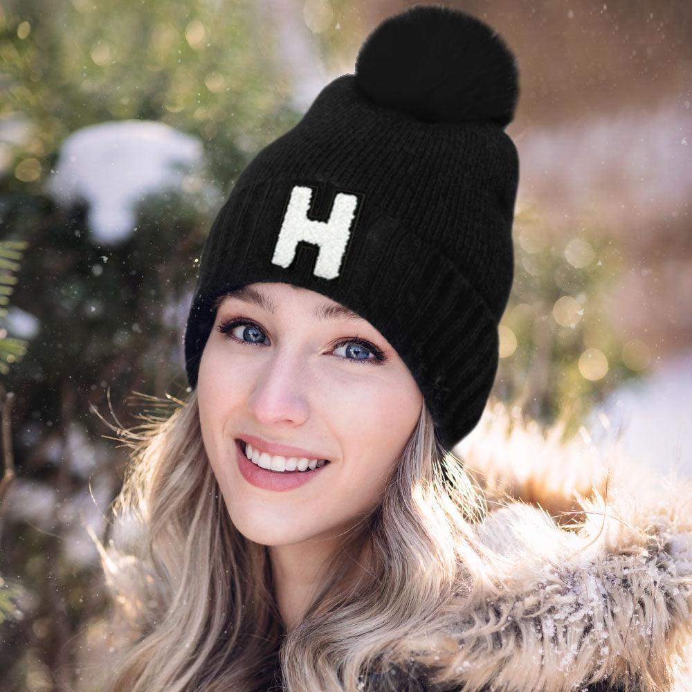 Monogram Faux Fur Pom Pom Knit Beanie Hat - Jewelry Store by Erik Rayo