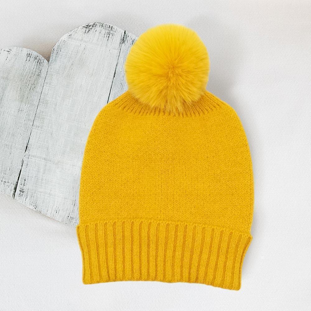 Solid Knit Beanie Hat With Faux Fur Pom - Jewelry Store by Erik Rayo