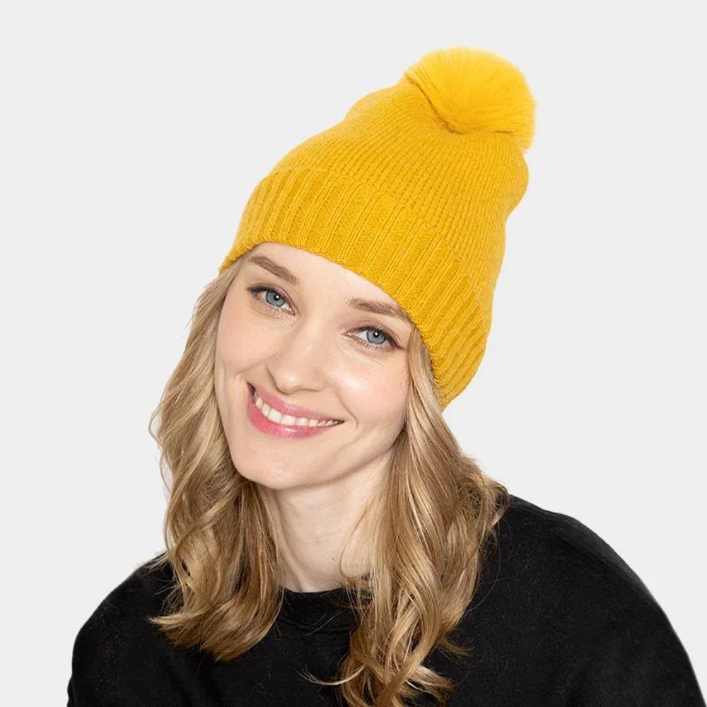 Solid Knit Beanie Hat With Faux Fur Pom - Jewelry Store by Erik Rayo