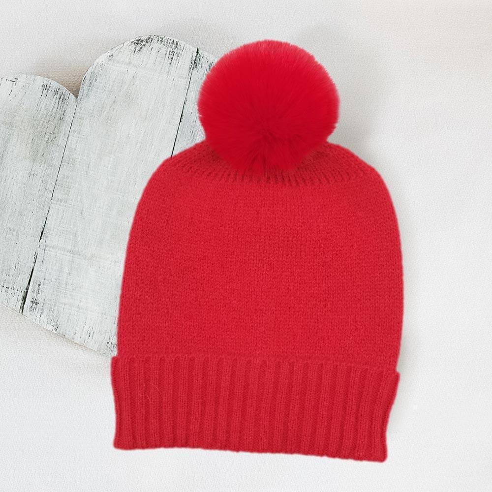 Solid Knit Beanie Hat With Faux Fur Pom - Jewelry Store by Erik Rayo