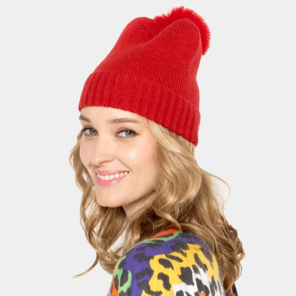 Solid Knit Beanie Hat With Faux Fur Pom - Jewelry Store by Erik Rayo