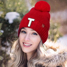 Load image into Gallery viewer, Monogram Faux Fur Pom Pom Knit Beanie Hat
