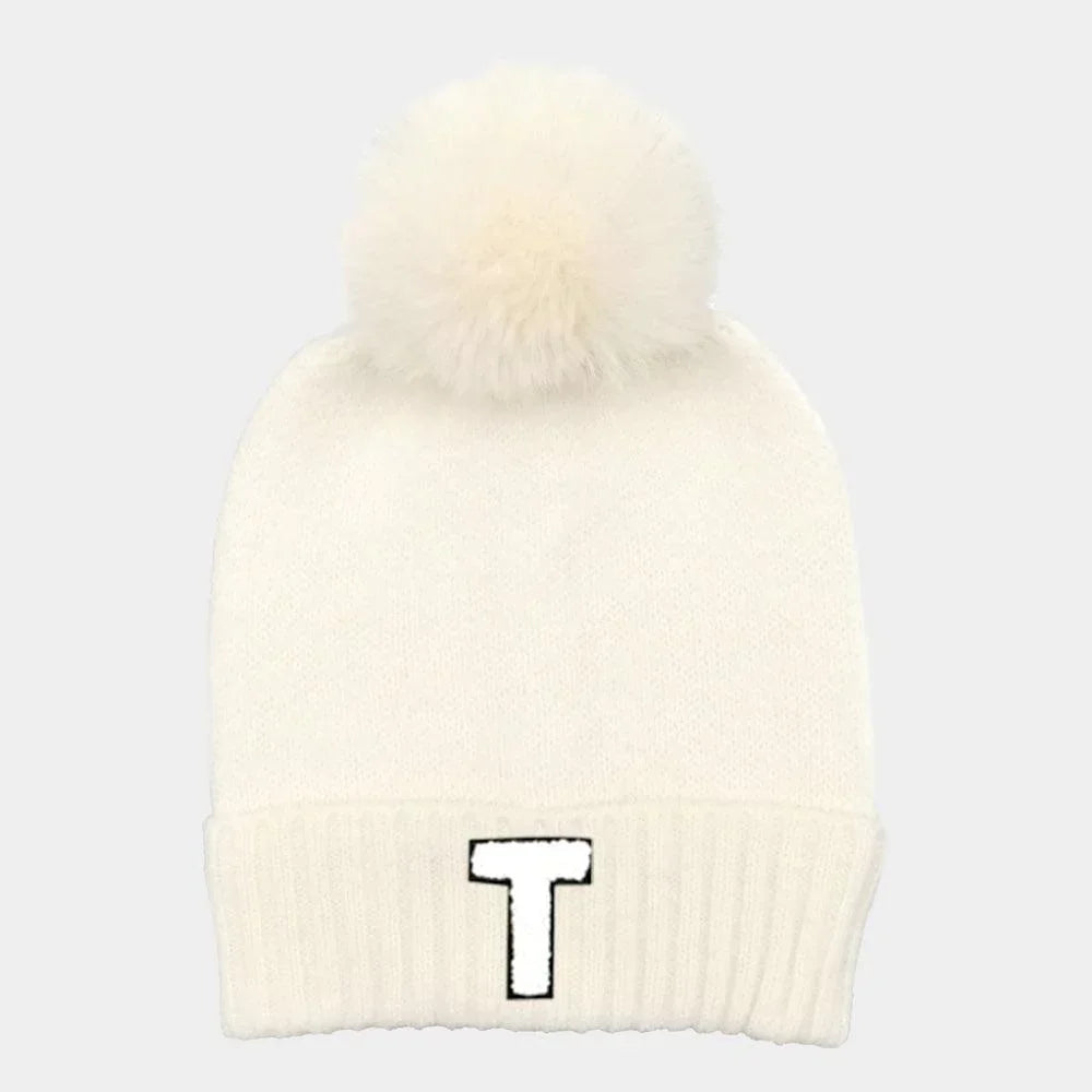 Monogram Faux Fur Pom Pom Knit Beanie Hat - Jewelry Store by Erik Rayo