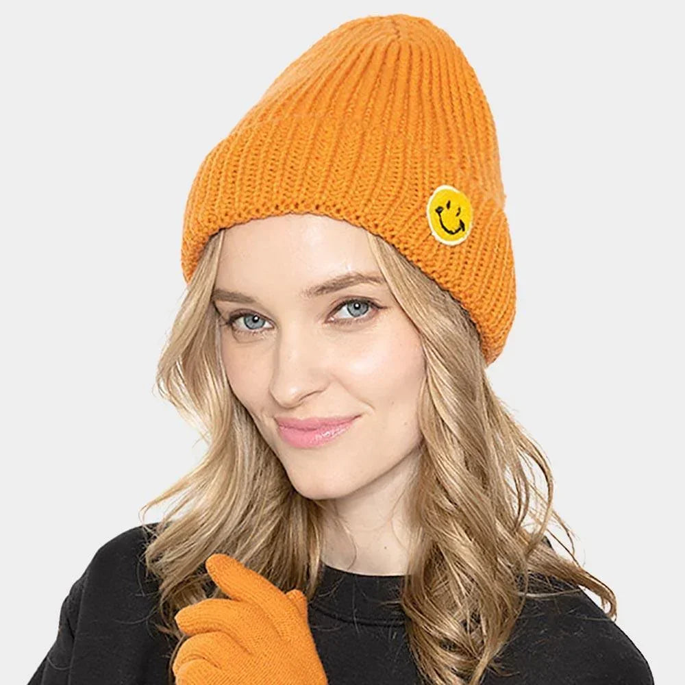 SMILE Patch Pointed Ribbed Knit Beanie Hat - Jewelry Store by Erik Rayo