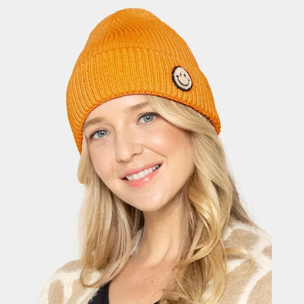Smile Patch Ribbed Cuff Knit Beanie Hat - Jewelry Store by Erik Rayo