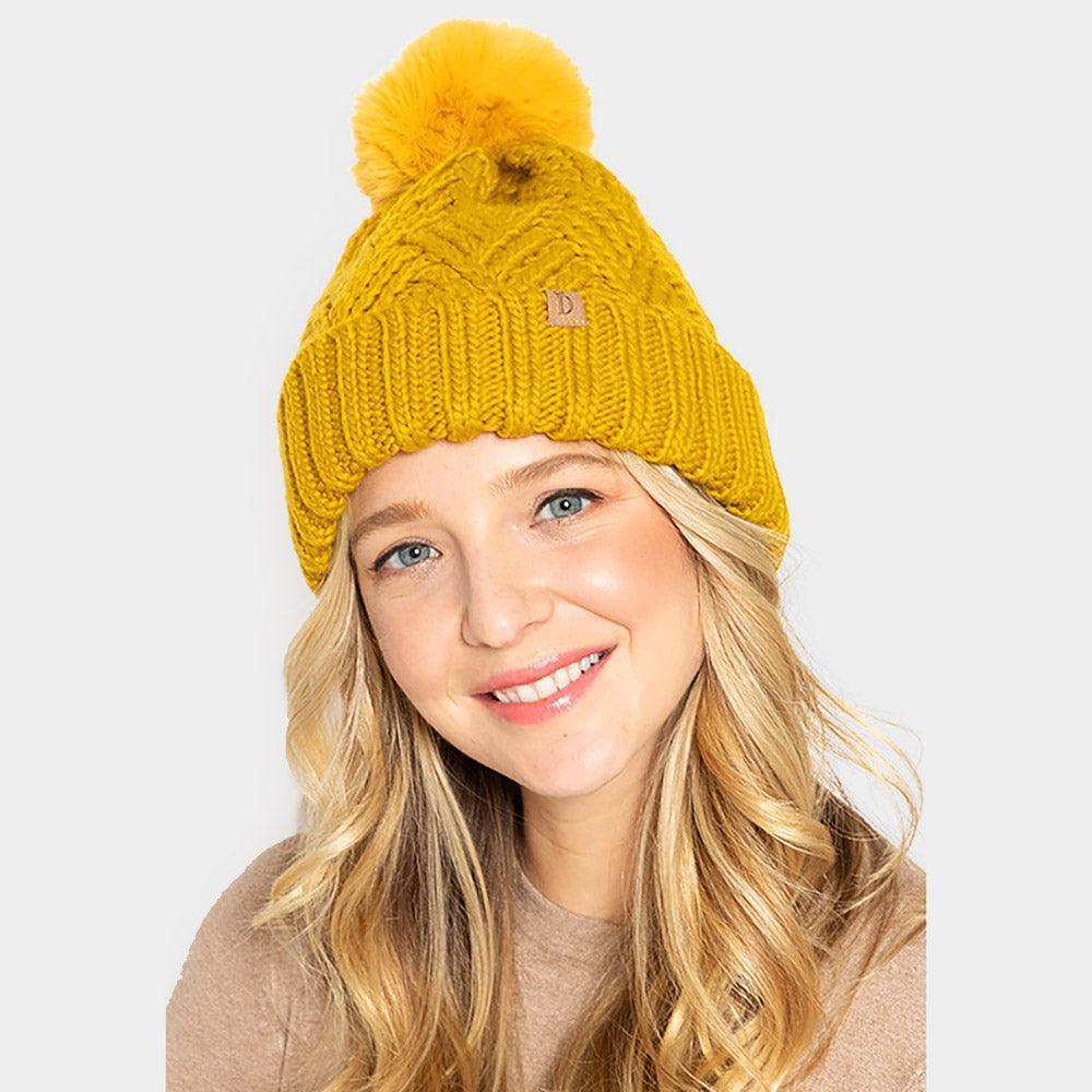 Faux Fur Pom Pom Cable Knit Beanie Hat - Jewelry Store by Erik Rayo